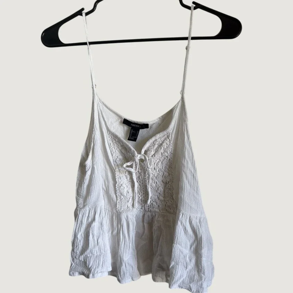 Forever‎ 21 White Lace Boho Peplum Cami Top Sleeveless Crinkle Gauze Large Shirt
